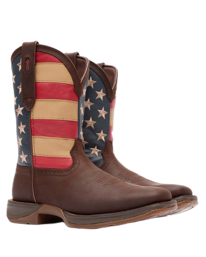 Brown Union Flag coloured Durango Mens Rebel Patriotic Pull-On Western Flag Boots on white background #colour_brown-union-flag