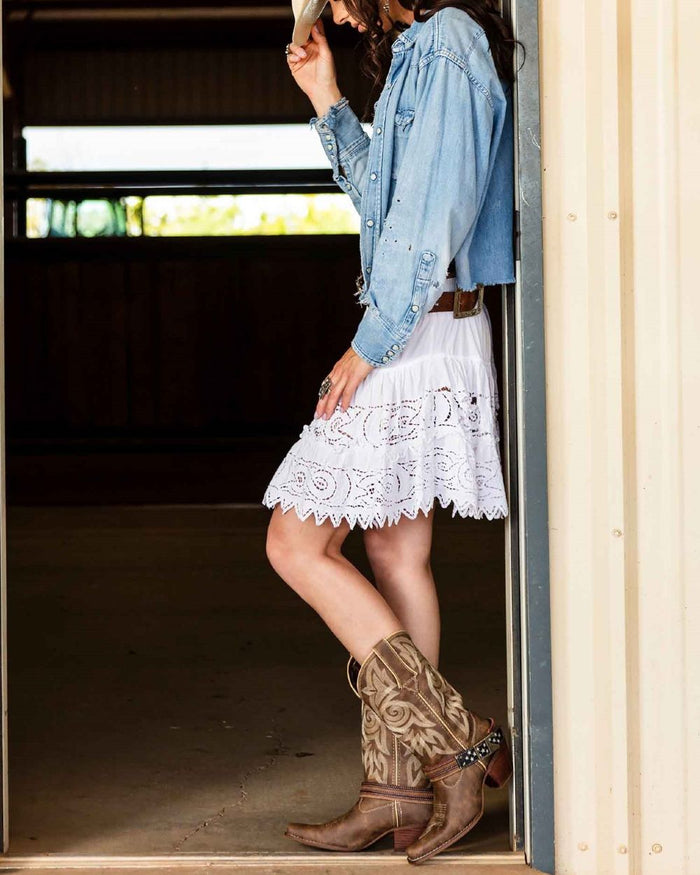 Brown Khaki coloured Durango Womens Crush Flag Western Boots on outdoor background #colour_brown-khaki