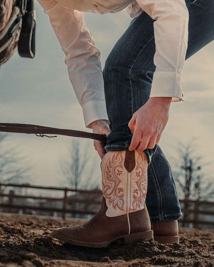 Honey Tan Metallic Peach coloured Durango Womens Shyloh Western Boots on outdoor background #colour_honey-tan-metallic-peach
