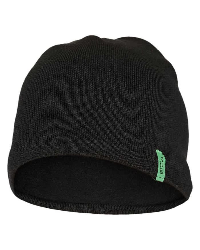 Black Coloured Elka Knitted Beanie/ Hat on white background #colour_black