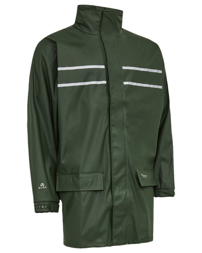 Olive Coloured Elka Mens Dry Zone D-Lux PU Long Rain Jacket on white background #colour_olive