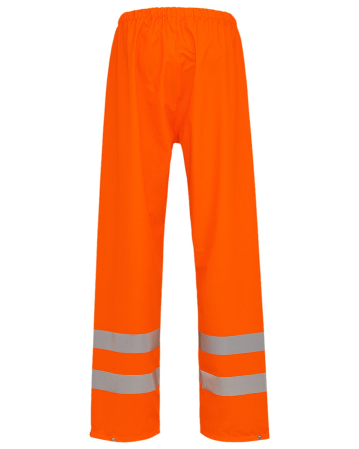 Fluorescent Orange Coloured Elka Mens Dry Zone Visible Hi-Vis Rain Trousers With Vertical Reflective Stripes on white background #colour_fluorescent-orange