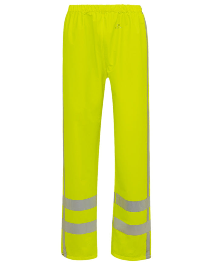 Fluorescent Yellow Coloured Elka Mens Dry Zone Visible Hi-Vis Rain Trousers With Vertical Reflective Stripes on white background #colour_fluorescent-yellow