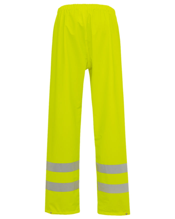 Fluorescent Yellow Coloured Elka Mens Dry Zone Visible Hi-Vis Rain Trousers With Vertical Reflective Stripes on white background #colour_fluorescent-yellow
