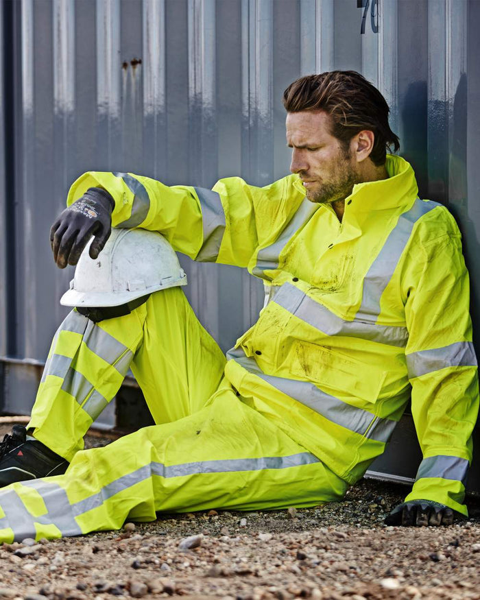 Fluorescent Yellow Coloured Elka Mens Dry Zone Visible PU Rain Jacket Hi-Vis With Reflective Stripes on outdoor background #colour_fluorescent-yellow