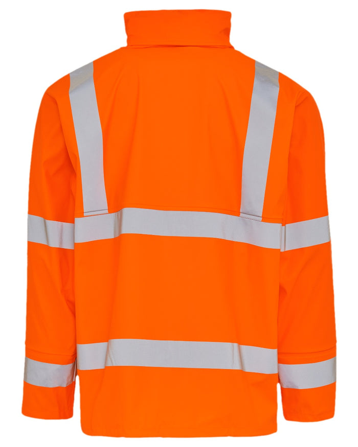 Fluorescent Orange Coloured Elka Mens Dry Zone Visible PU Rain Jacket Hi-Vis With Reflective Stripes on white background #colour_fluorescent-orange