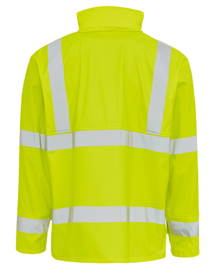 Fluorescent Yellow Coloured Elka Mens Dry Zone Visible PU Rain Jacket Hi-Vis With Reflective Stripes on white background #colour_fluorescent-yellow