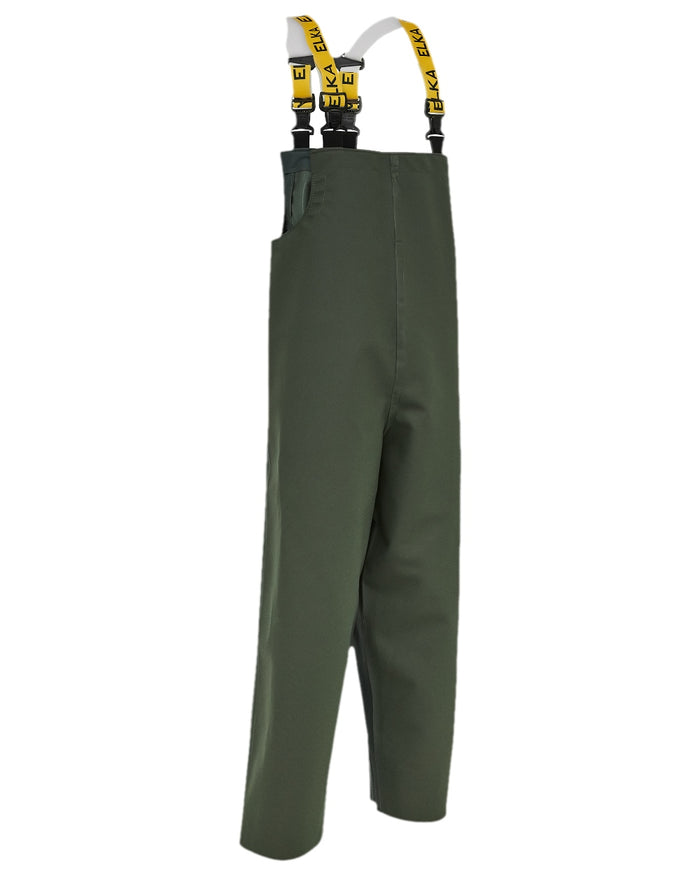 Olive Coloured Elka Mens Elastomer/PVC Bib & Brace on white background #colour_olive