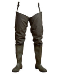 Olive Coloured Elka Mens Thigh Waders on white background #colour_olive
