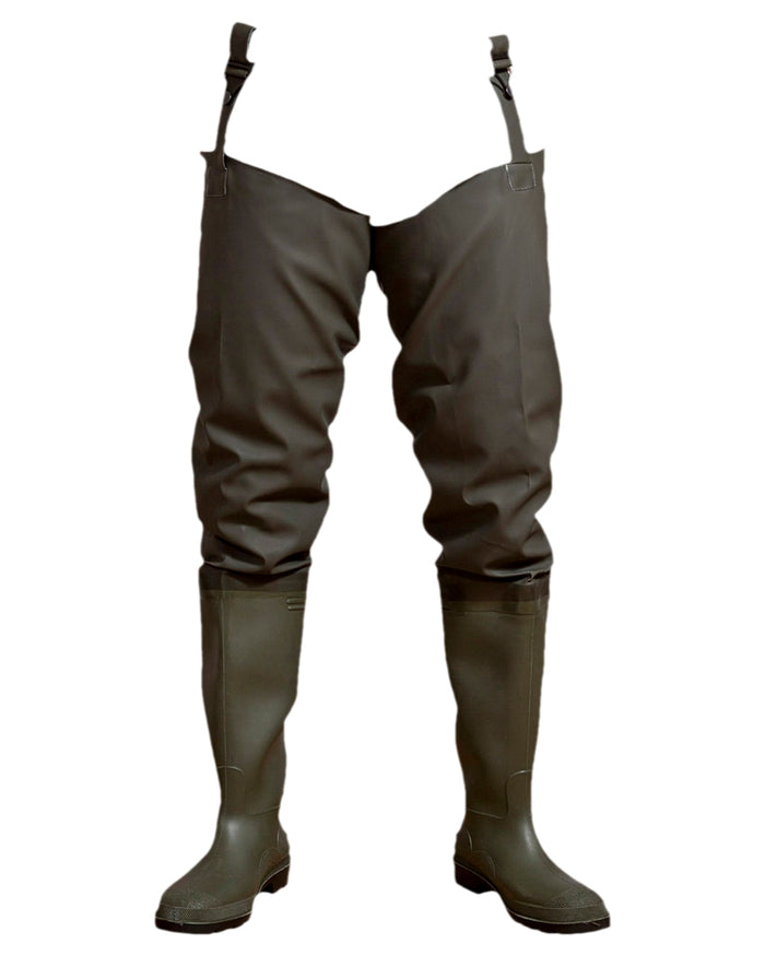 Olive Coloured Elka Mens Thigh Waders on white background #colour_olive