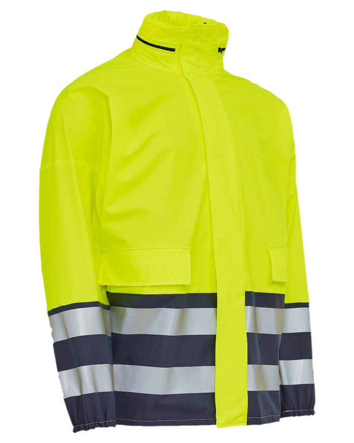 Fluorescent Yell Navy Coloured Elka Mens PU Visible Rain Jacket on white background #colour_fluorescent-yell-navy