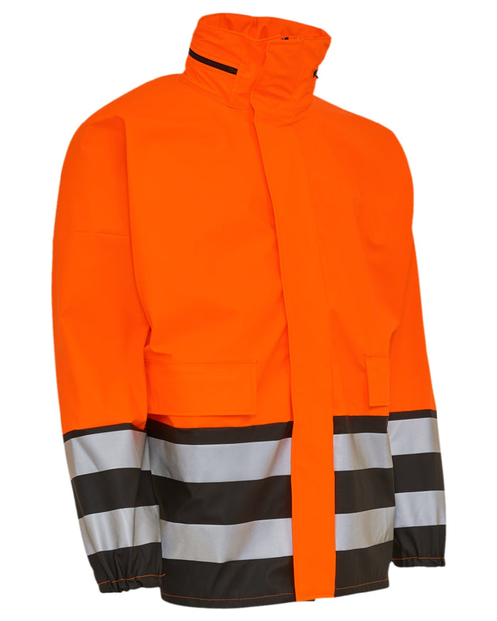 Fluorescent Orange Black Coloured Elka Mens PU Visible Rain Jacket on white background #colour_fluorescent-orange-black