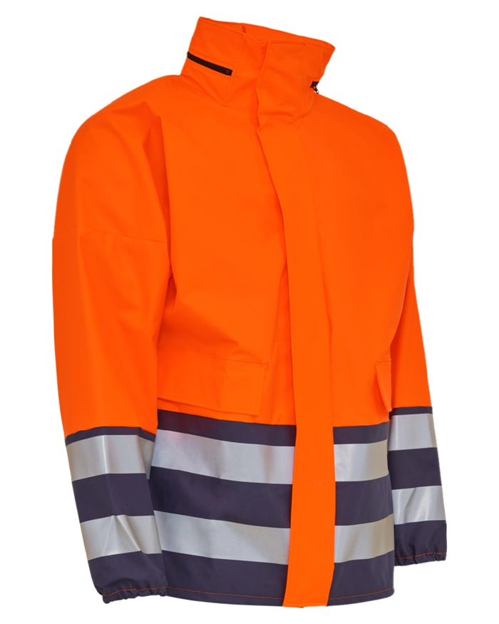 Fluorescent Orange Navy Coloured Elka Mens PU Visible Rain Jacket on white background #colour_fluorescent-orange-navy