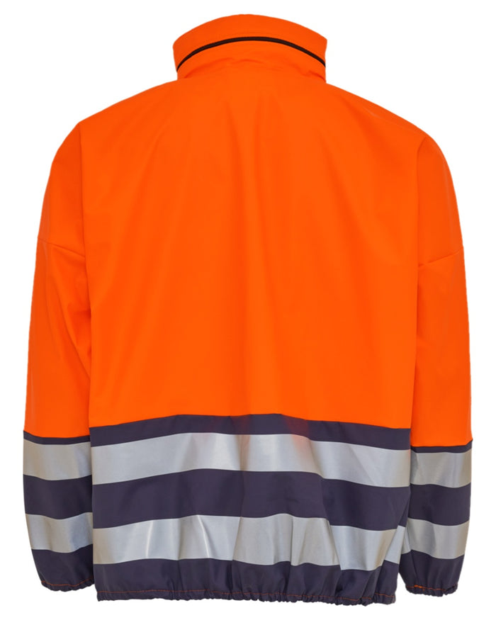 Fluorescent Orange Navy Coloured Elka Mens PU Visible Rain Jacket on white background #colour_fluorescent-orange-navy