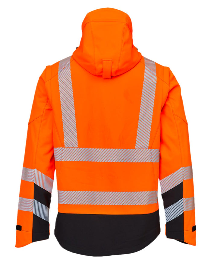 Fluorescent Orange Black Coloured Elka Mens Visible Xtreme Softshell Jacket With Detachable Sleeves on white background #colour_fluorescent-orange-black