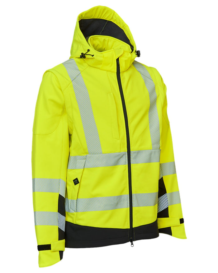 Fluorescent Yellow Black Coloured Elka Mens Visible Xtreme Softshell Jacket With Detachable Sleeves on white background #colour_fluorescent-yellow-black