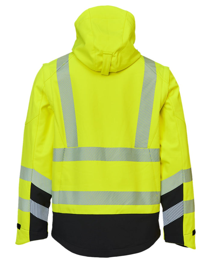Fluorescent Yellow Black Coloured Elka Mens Visible Xtreme Softshell Jacket With Detachable Sleeves on white background #colour_fluorescent-yellow-black