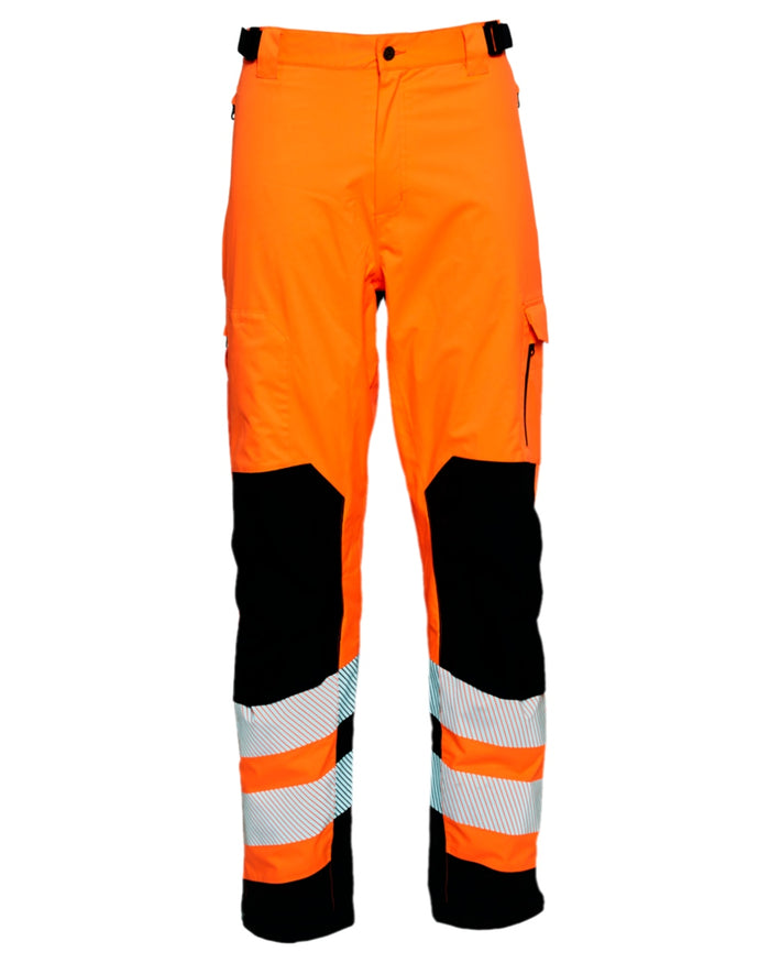 Fluorescent Orange Black Coloured Elka Mens Visible Xtreme Stretch Waist Trousers on white background #colour_fluorescent-orange-black