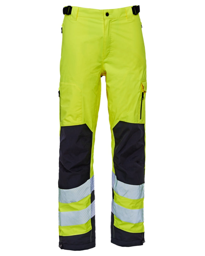 Fluorescent Yellow Black Coloured Elka Mens Visible Xtreme Stretch Waist Trousers on white background #colour_fluorescent-yellow-black