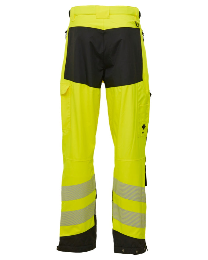 Fluorescent Yellow Black Coloured Elka Mens Visible Xtreme Stretch Waist Trousers on white background #colour_fluorescent-yellow-black