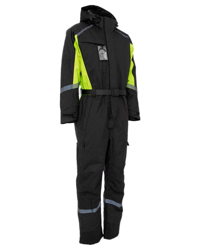 Black Fluorescent Yellow Coloured Elka Mens Working Xtreme Winter Thermal Coverall With Recycled Padding on white background #colour_black-fluorescent-yellow