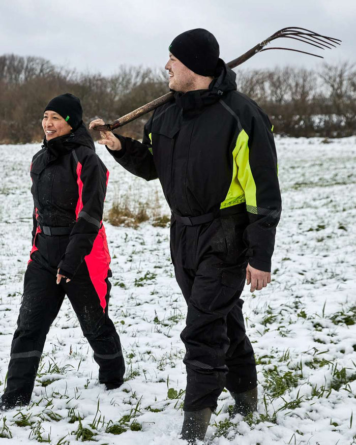 Black Fluorescent Yellow Coloured Elka Mens Working Xtreme Winter Thermal Coverall With Recycled Padding on snow background #colour_black-fluorescent-yellow