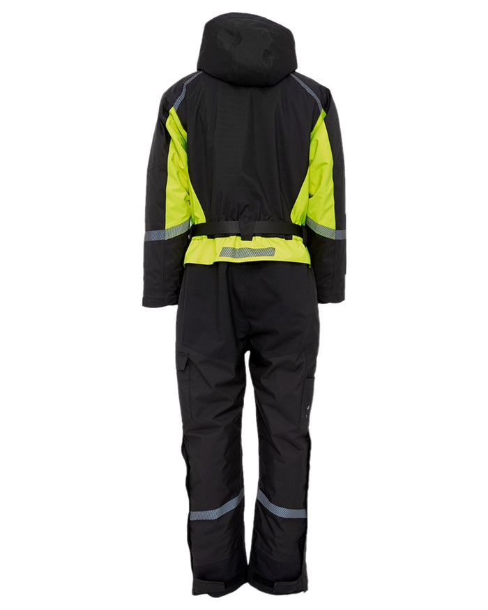 Black Fluorescent Yellow Coloured Elka Mens Working Xtreme Winter Thermal Coverall With Recycled Padding on white background #colour_black-fluorescent-yellow