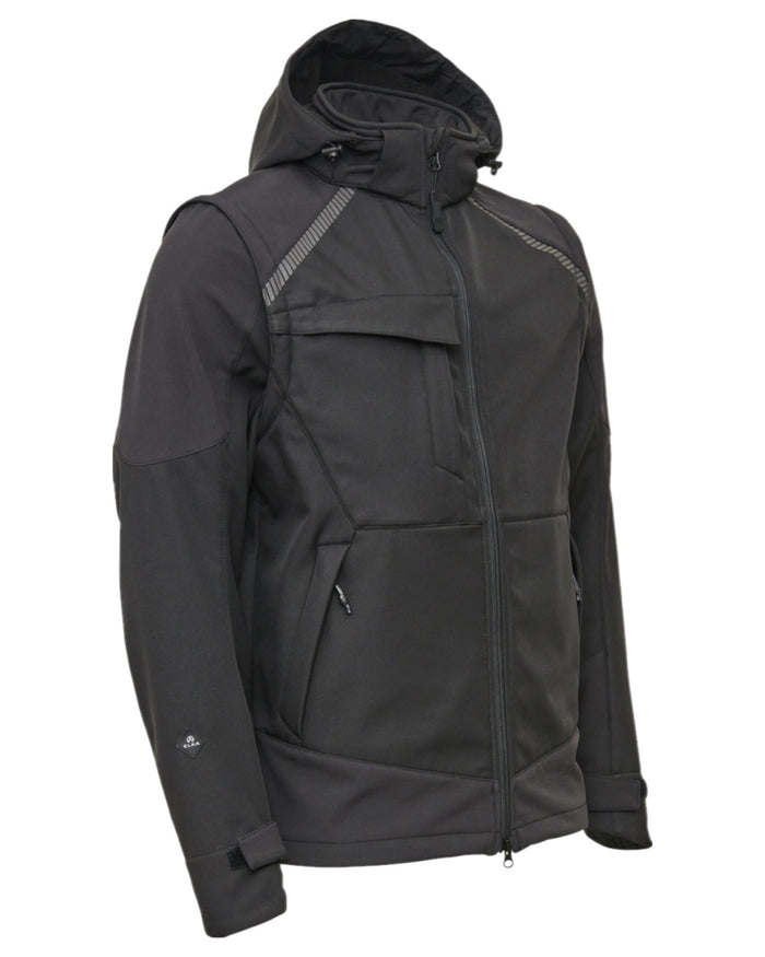 Black Coloured Elka Mens Working Xtreme Softshell Jacket With Detachable Sleeves on white background #colour_black