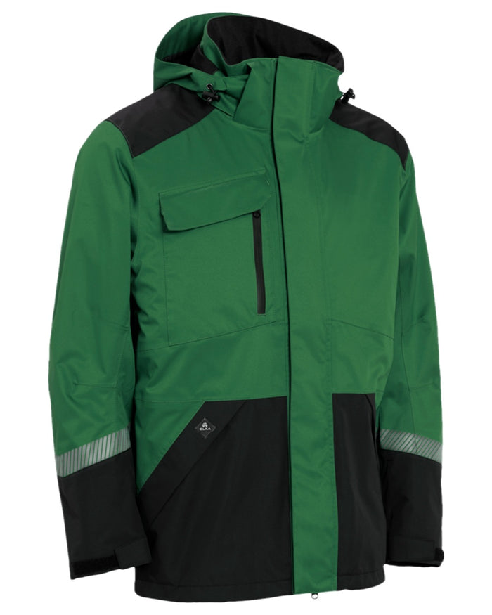 Green Black Coloured Elka Mens Working Xtreme Stretch Jacket on white background #colour_green-black