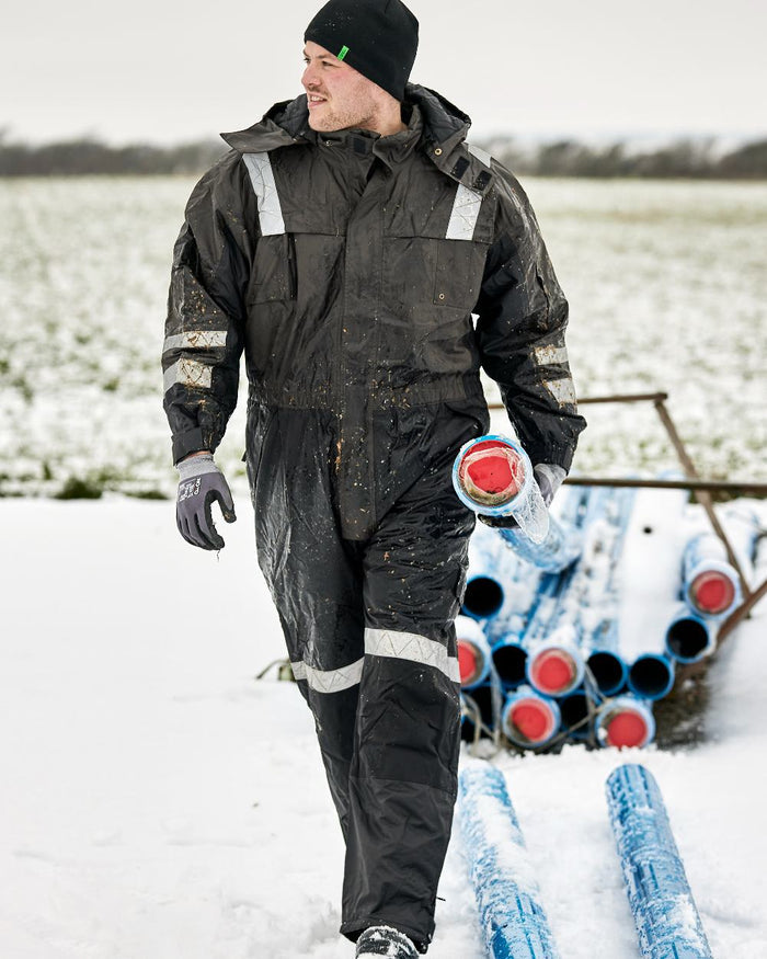 Grey Black Coloured Elka Mens Working Xtreme Winter Thermal Coverall on snow background #colour_grey-black