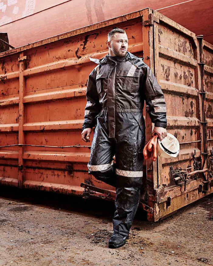 Grey Black Coloured Elka Mens Working Xtreme Winter Thermal Coverall on container background #colour_grey-black