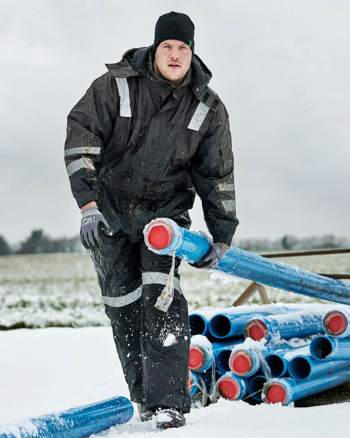 Grey Black Coloured Elka Mens Working Xtreme Winter Thermal Coverall on snow background #colour_grey-black