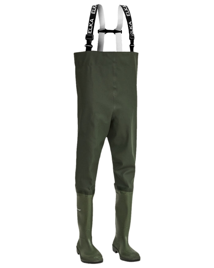 Olive Coloured Elka Safety Waders Long Wellingtons on white background #colour_olive