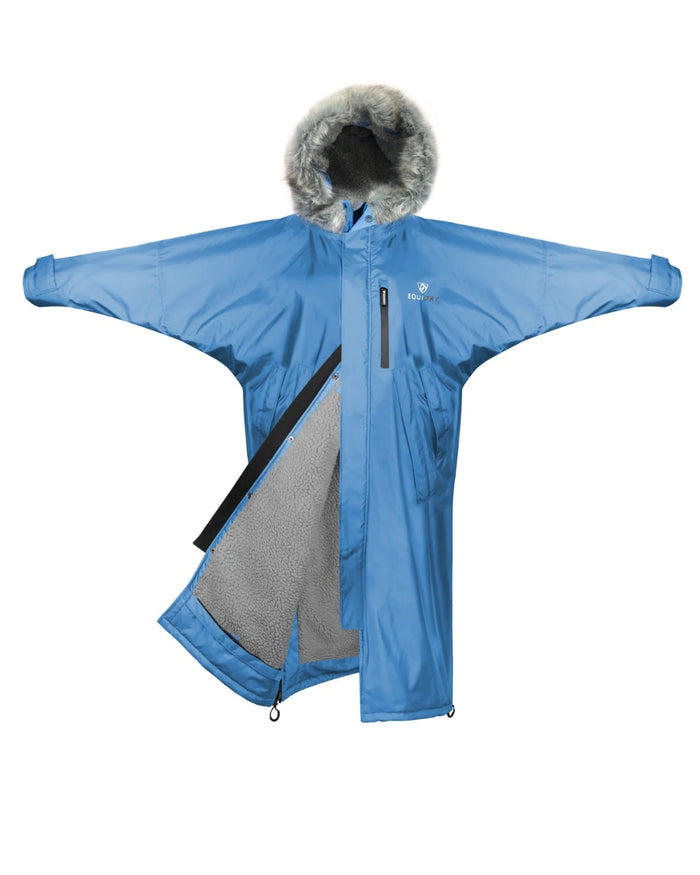 Sky Blue Grey coloured Equidry Childrens Evolution Thick Fleece With Fur Hood on white background #colour_sky-blue-grey