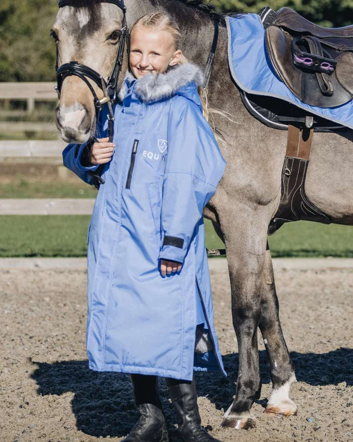 Sky Blue Grey coloured Equidry Childrens Evolution Thick Fleece With Fur Hood on outdoor background #colour_sky-blue-grey