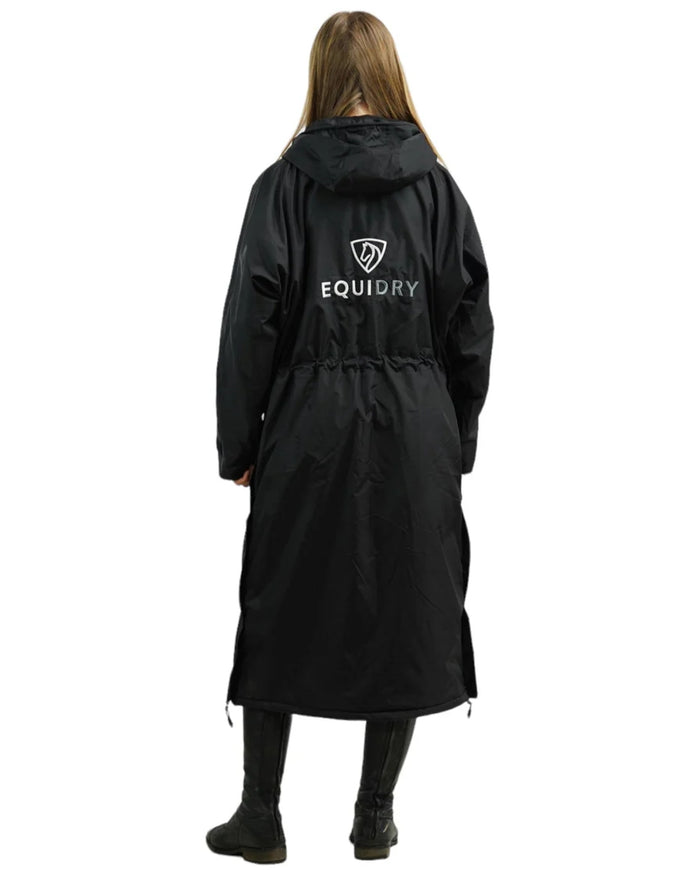 Black coloured Equidry Children Pro Ride Evolution Thin Fleece With Stowaway Hood on white background #colour_black