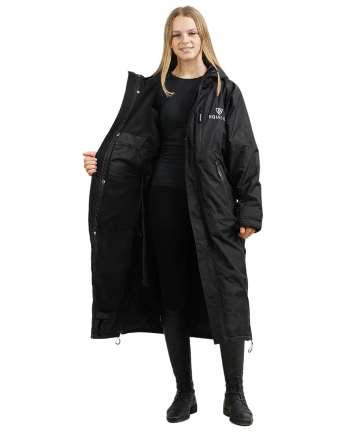 Black coloured Equidry Children Pro Ride Evolution Thin Fleece With Stowaway Hood on white background #colour_black