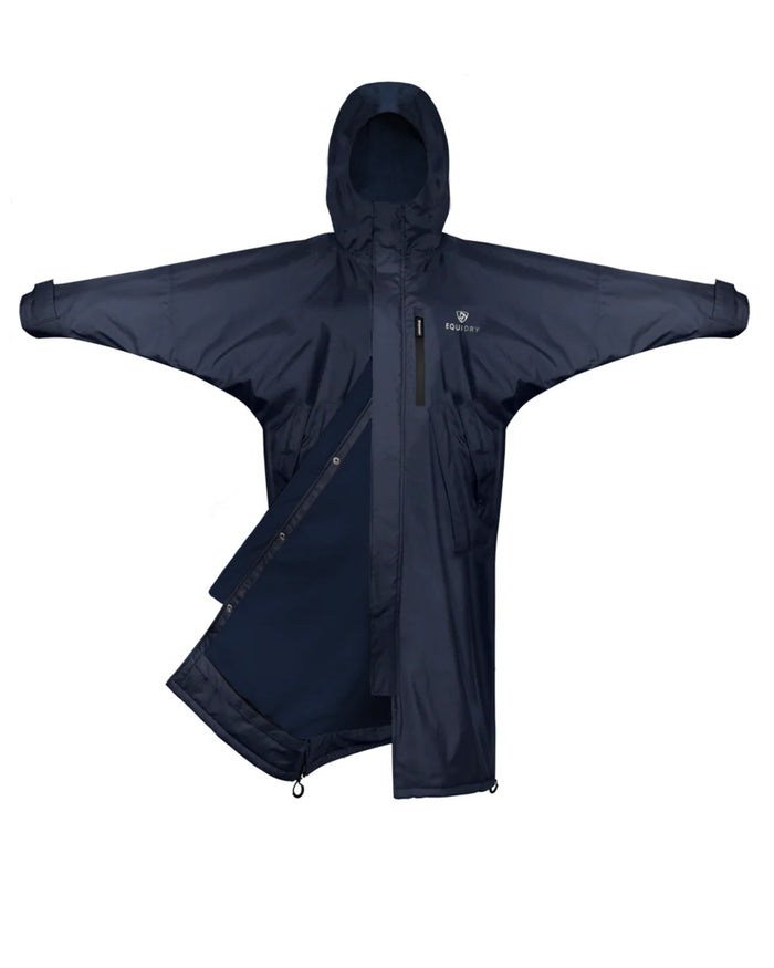 Navy coloured Equidry Children Pro Ride Evolution Thin Fleece With Stowaway Hood on white background #colour_navy
