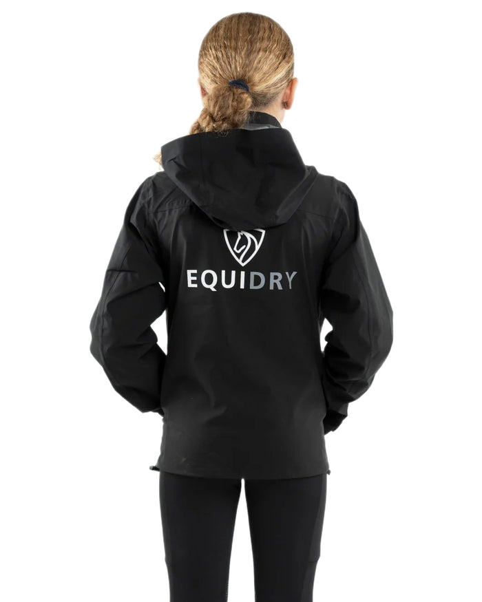 Black coloured Equidry Childrens Nimbus Pack Away Jacket With Stowaway Hood on white background #colour_black
