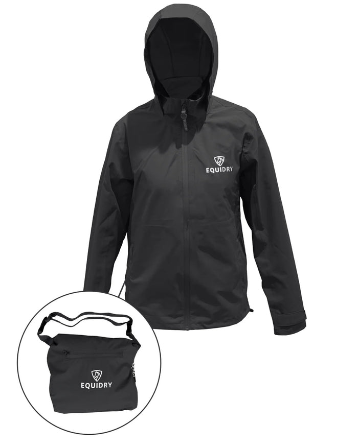 Black coloured Equidry Childrens Nimbus Pack Away Jacket With Stowaway Hood on white background #colour_black