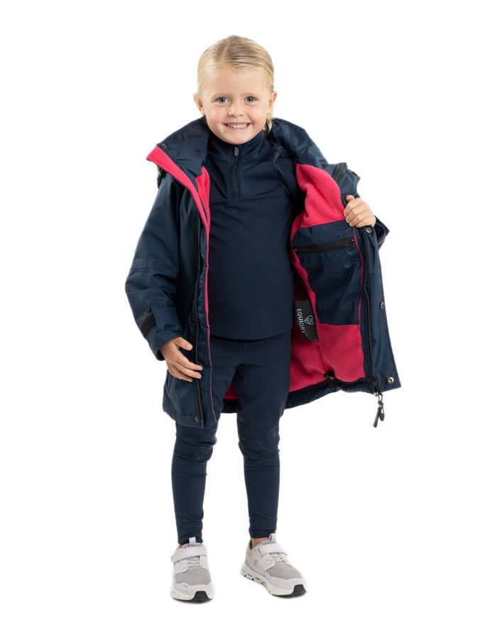 Navy Raspberry coloured Equidry Childrens Shortie Jacket on white background #colour_navy-raspberry