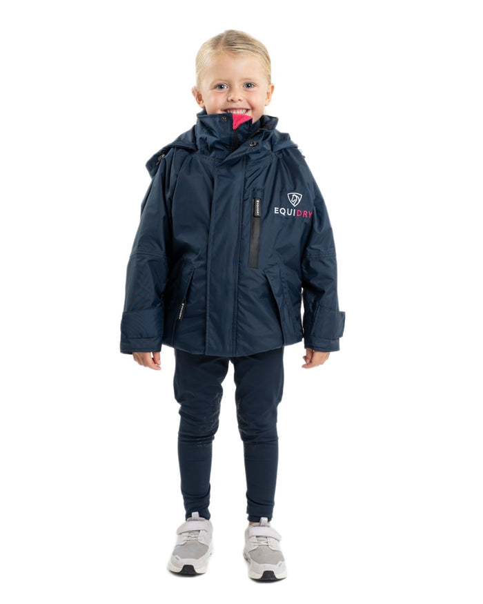 Navy Raspberry coloured Equidry Childrens Shortie Jacket on white background #colour_navy-raspberry