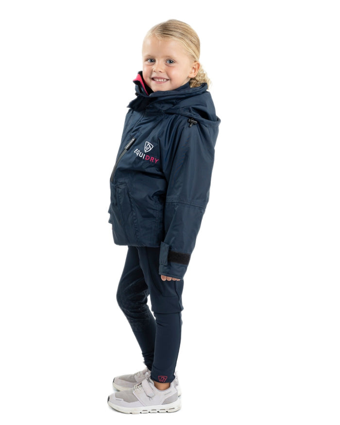 Navy Raspberry coloured Equidry Childrens Shortie Jacket on white background #colour_navy-raspberry