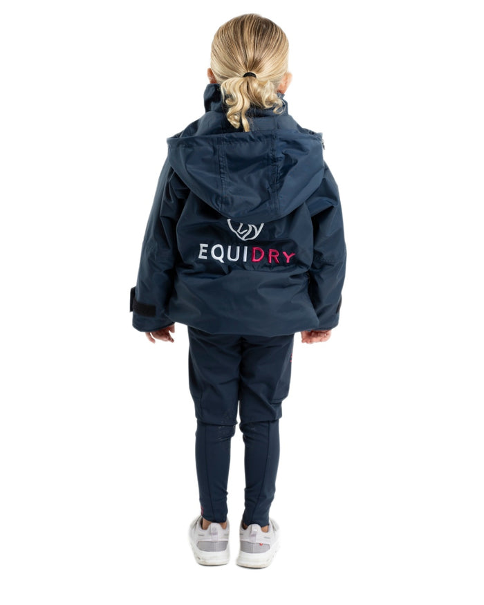 Navy Raspberry coloured Equidry Childrens Shortie Jacket on white background #colour_navy-raspberry