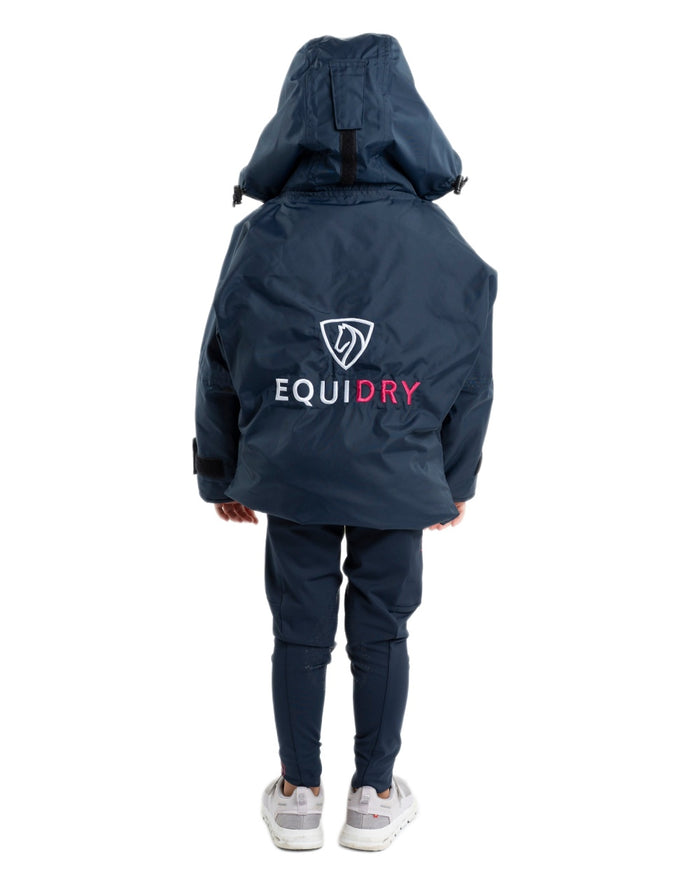 Navy Raspberry coloured Equidry Childrens Shortie Jacket on white background #colour_navy-raspberry