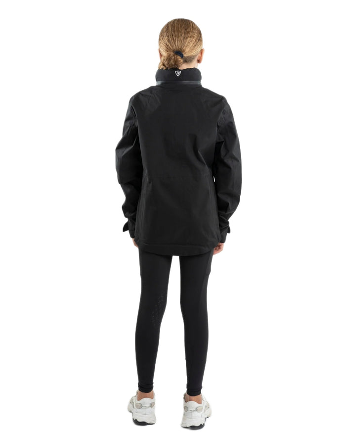 Black coloured Equidry Childrens Varsha Waterproof Jacket on white background #colour_black