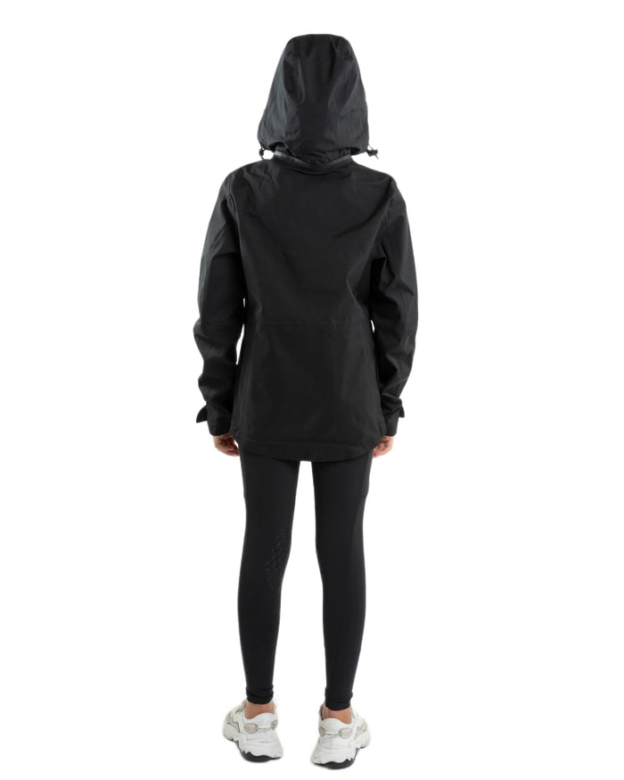 Black coloured Equidry Childrens Varsha Waterproof Jacket on white background #colour_black
