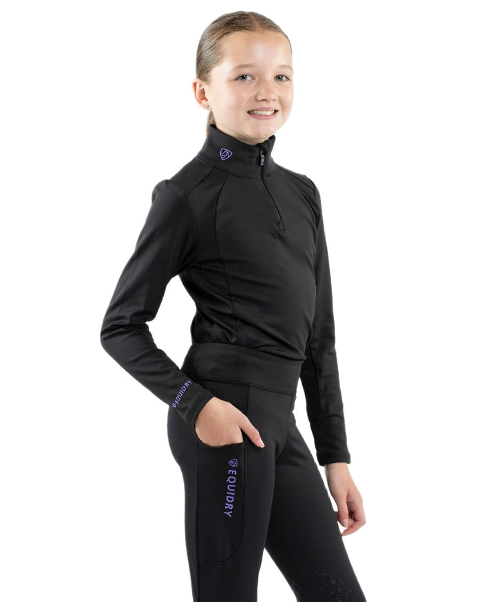 Black Lilac Coloured Equidry Childrens Water Repellent Base Layer on white background #colour_black-lilac