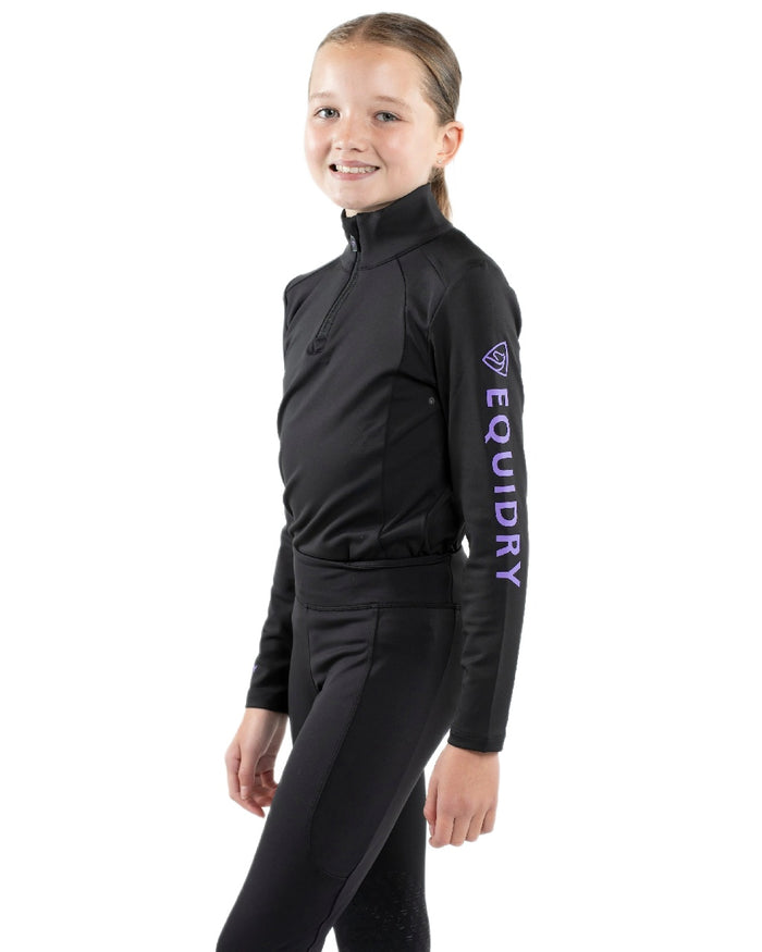 Black Lilac Coloured Equidry Childrens Water Repellent Base Layer on white background #colour_black-lilac
