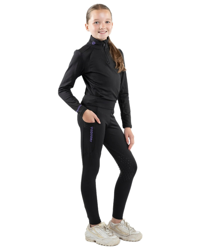 Black Lilac Coloured Equidry Childrens Water Repellent Base Layer on white background #colour_black-lilac